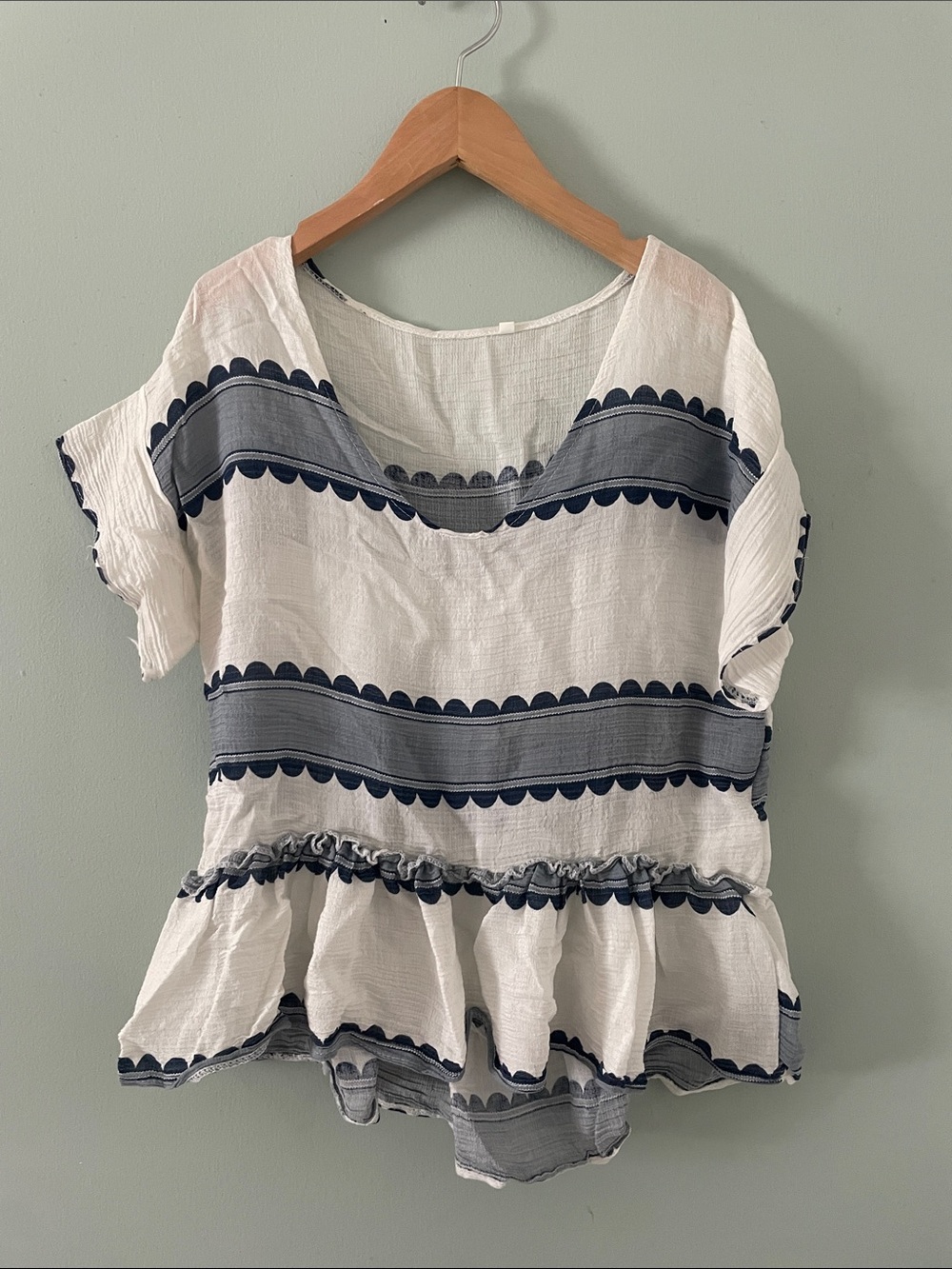 White & Navy Tiered Peplum Short Sleeve Top
